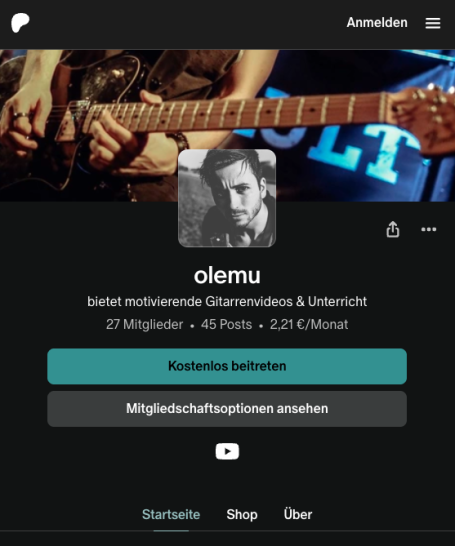 Profil von "olemu" mit Gitarren und Musik-Elementen im Hintergrund.
