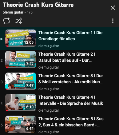 Playlist mit Videos für einen Gitarre-Theoriekurs.